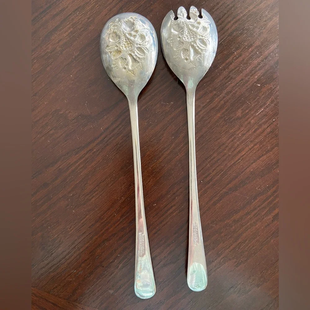Vintage Sheffield England Silver Plated Bon Berry Serving Salad Set Spoons
